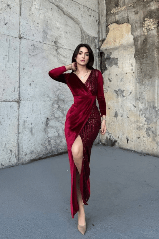 Nerie Payet İşleme Detay Kadife Abiye BORDO  45594
