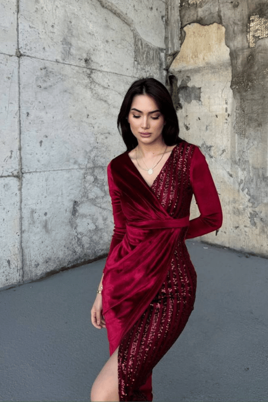 Nerie Payet İşleme Detay Kadife Abiye BORDO  45594