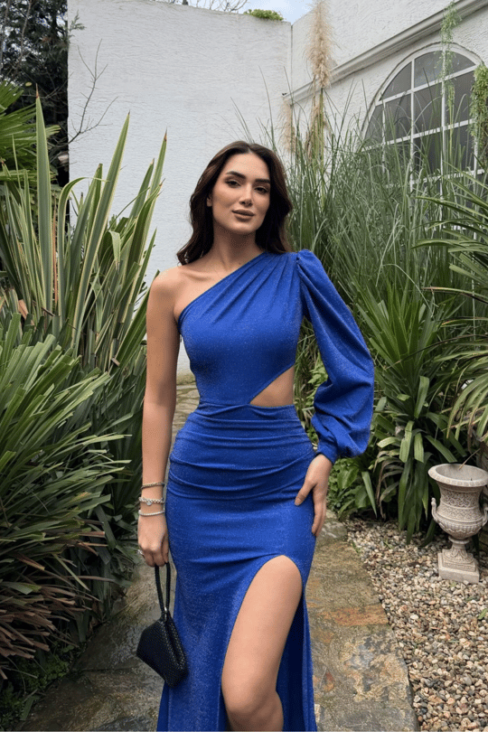 Nilsu Tek Omuz Tasarım Simli Abiye 583061 SAKS MAVİSİ