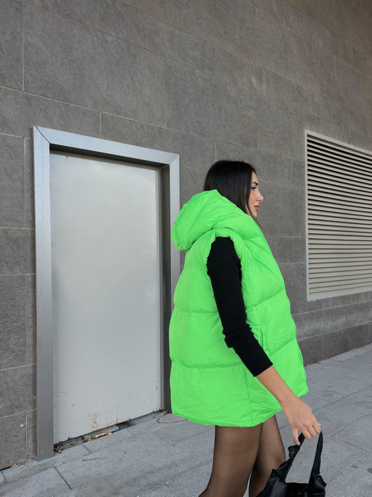 Oversize Fermuar Detay Kapitone Şişme Yelek 2023 NEON YEŞİL