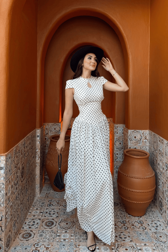 Özüm Damla Detay Puantiyeli Midi Elbise 6114 