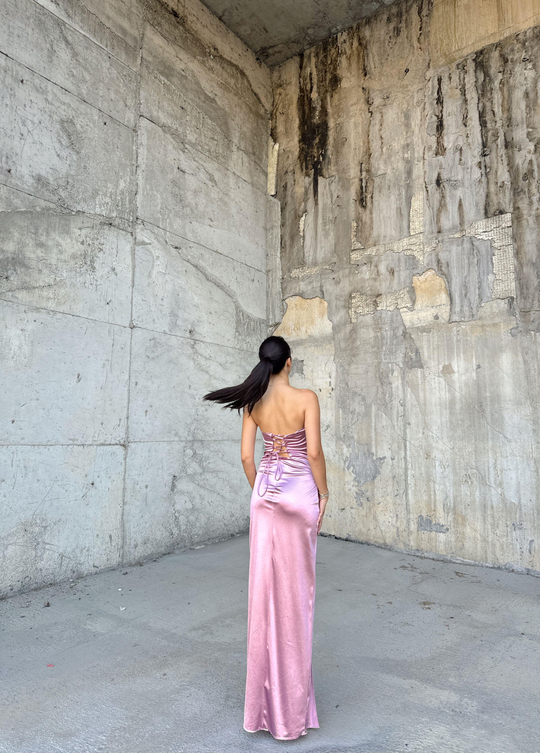 Pamira Ön Düğüm Detay Straplez Saten Abiye 582836 GÜL RENGİ