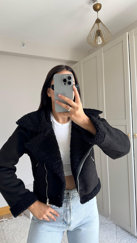 Peluş Kaplama Süet Crop Kaban Siyah