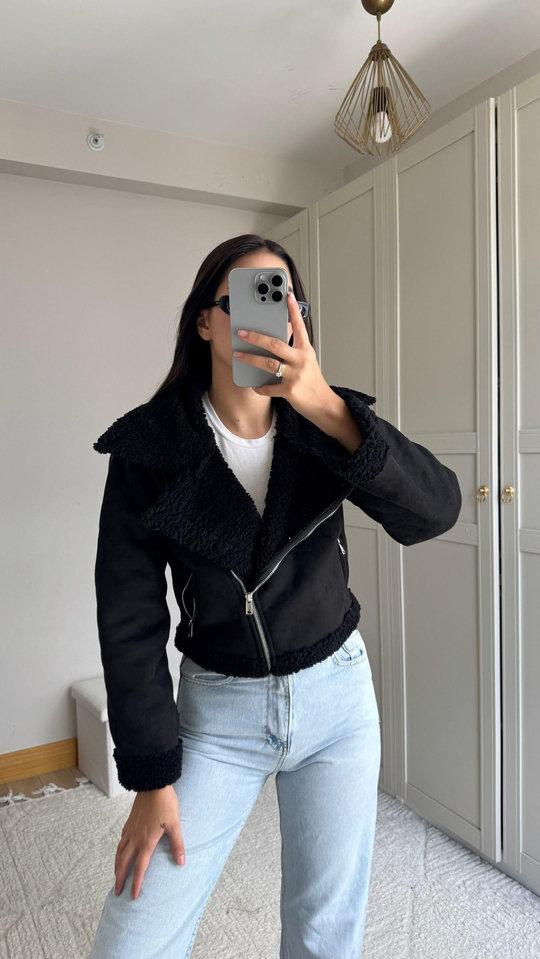 Peluş Kaplama Süet Crop Kaban Siyah