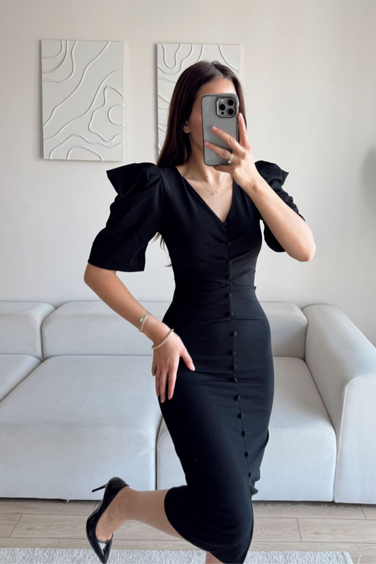 Plenty Düğme Detay Prenses Kol Midi Elbise SİYAH