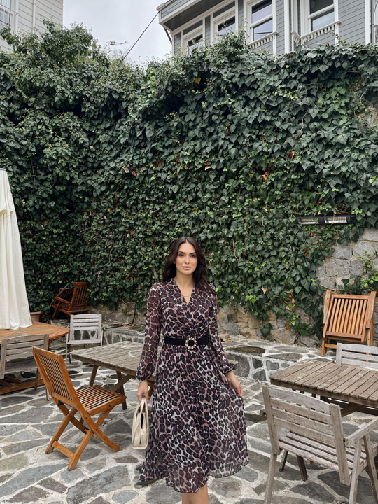 Pliseli Şifon Elbise 3073 LEOPAR