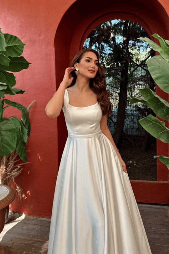 Rosa Kalın Askılı Saten Abiye 1103 BEYAZ