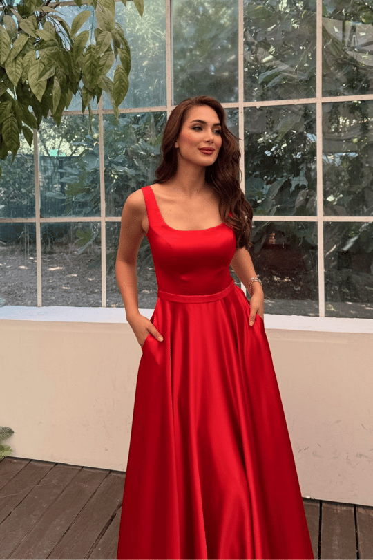 Rosa Kalın Askılı Saten Abiye 1103 KIRMIZI