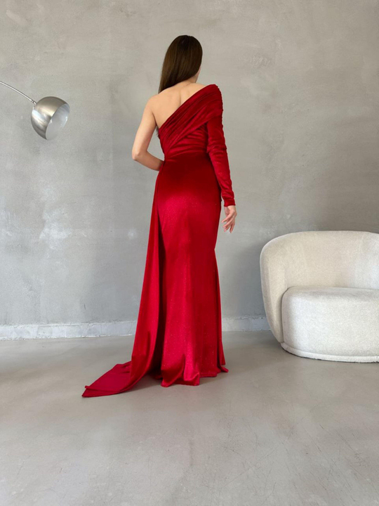 Rosabella Tek Kol Kadife Abiye 582269 KIRMIZI