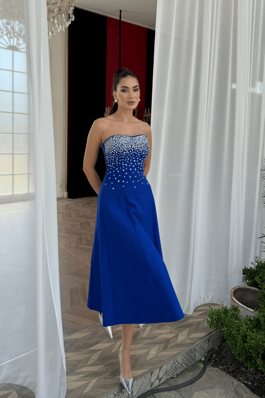 Sezay Taş İşleme Straplez Midi Elbise 1019