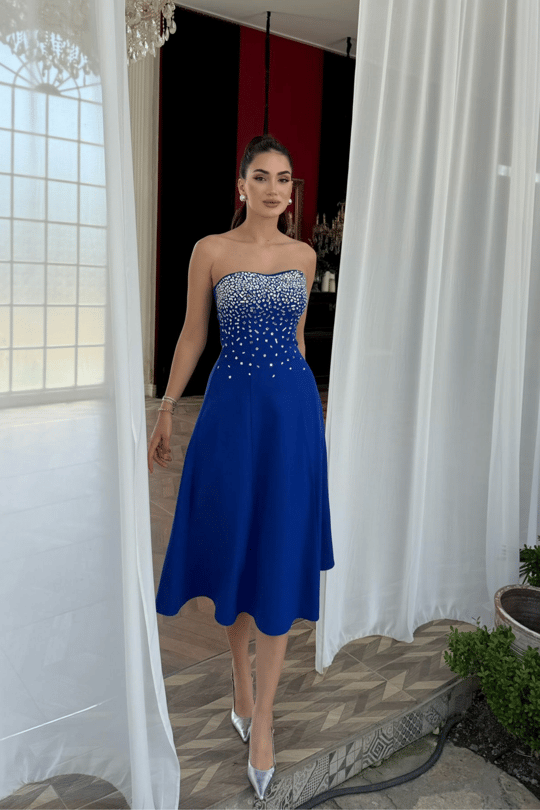 Sezay Taş İşleme Straplez Midi Elbise 1019
