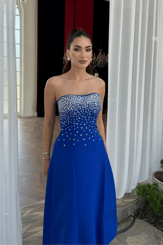 Sezay Taş İşleme Straplez Midi Elbise 1019