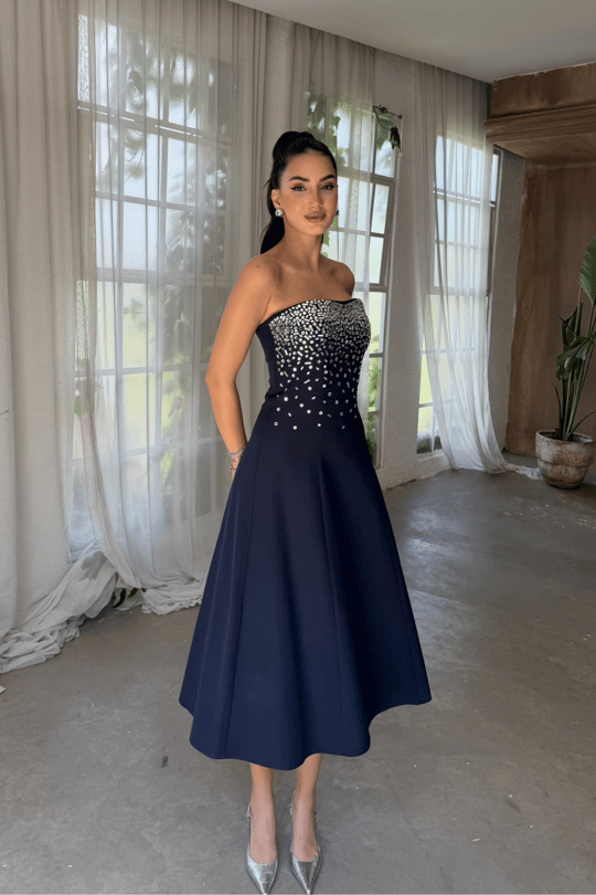 Sezay Taş İşleme Straplez Midi Elbise 1019