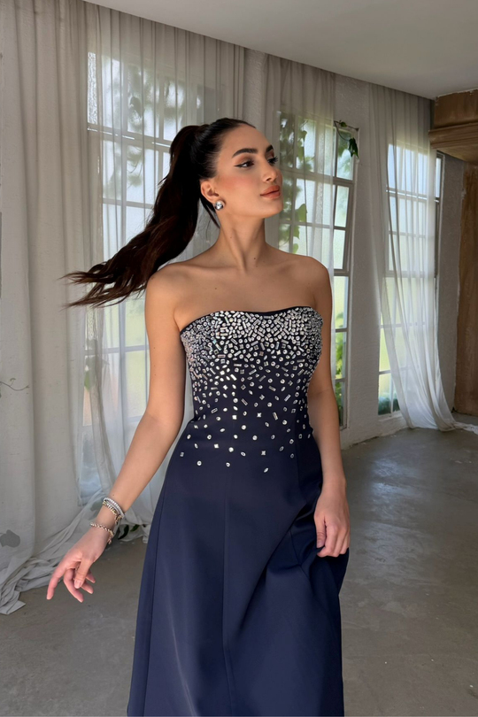 Sezay Taş İşleme Straplez Midi Elbise 1019
