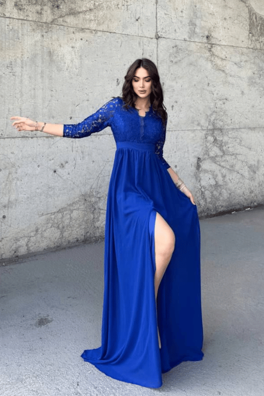 Sofia Güpür Detay Yırtmaçlı Abiye 84596 SAKS MAVİSİ