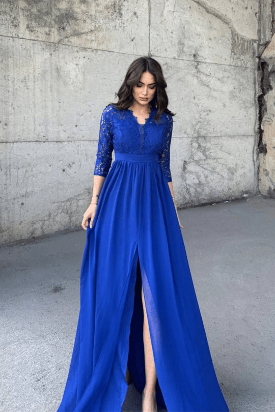 Sofia Güpür Detay Yırtmaçlı Abiye 84596 SAKS MAVİSİ