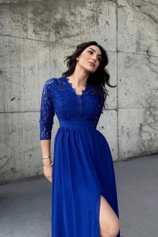 Sofia Güpür Detay Yırtmaçlı Abiye 84596 SAKS MAVİSİ