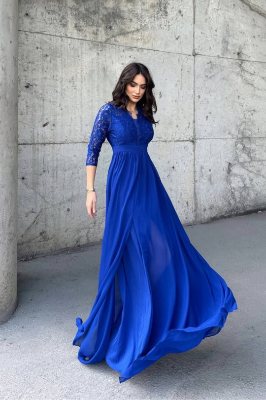 Sofia Güpür Detay Yırtmaçlı Abiye 84596 SAKS MAVİSİ