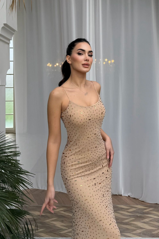 Sofia İp Askılı Taş Detay Maxi Elbise 9365