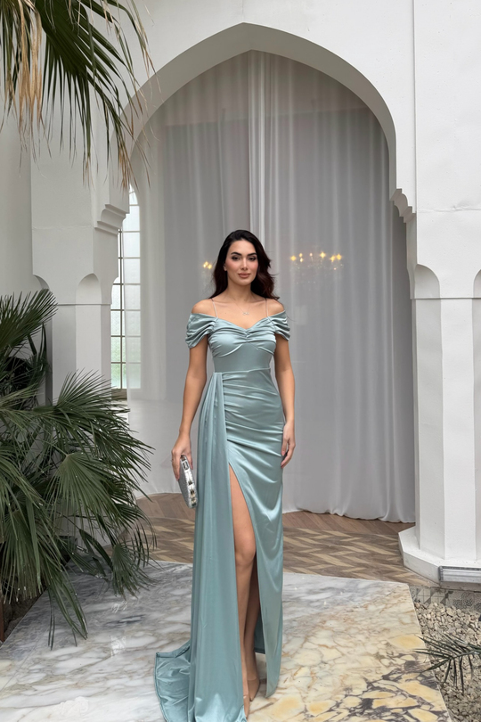 Stone Drape Yaka Yırtmaç Detay Kuyruklu Abiye 582553 MİNT YEŞİLİ