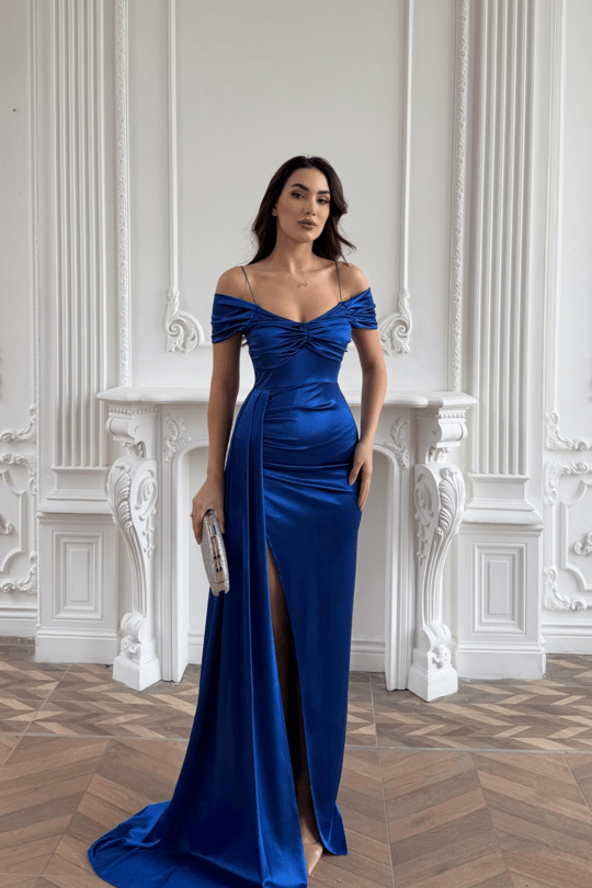 Stone Drape Yaka Yırtmaç Detay Kuyruklu Abiye 582553 SAKS MAVİSİ
