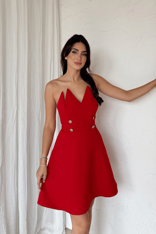 Straplez Yaka Detay Düğmeli Mini Elbise 9356