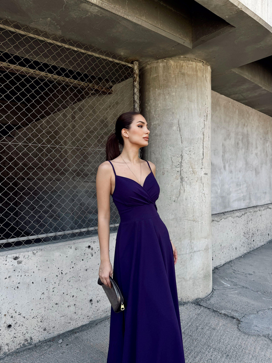 Talia İp Askı Kruvaze Yaka Yırtmaçlı Abiye 582189 MÜRDÜM