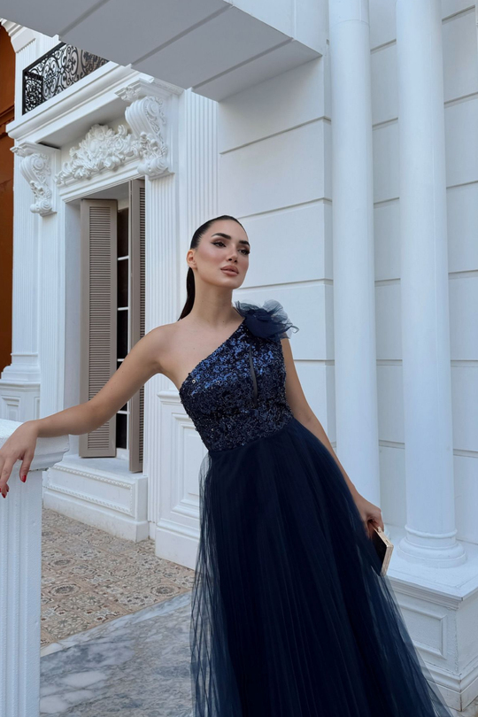 Tek Omuz Çiçek Detaylı Tül Abiye 296
