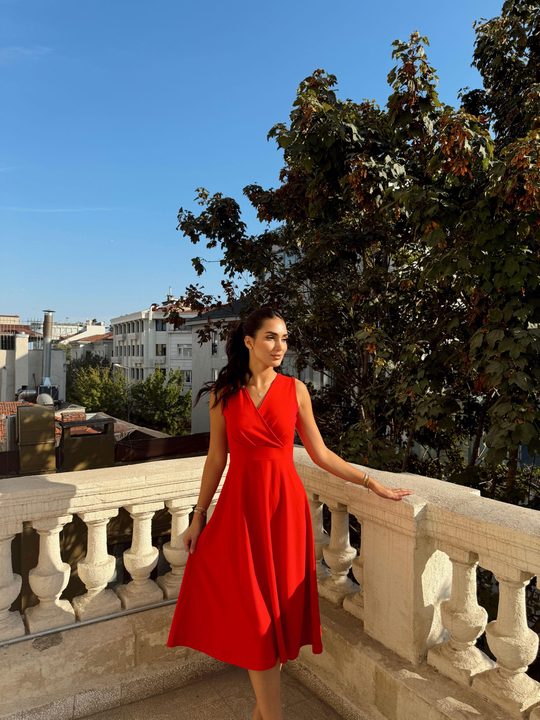 Valerie V Yaka Kolsuz Midi Elbise 40073 KIRMIZI
