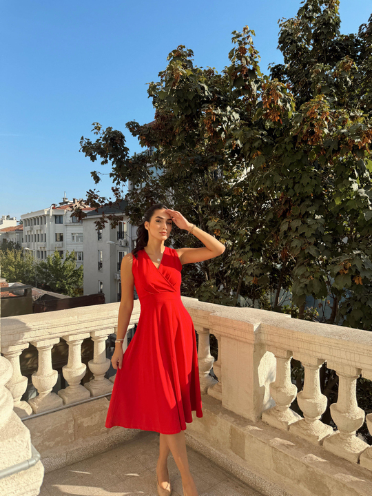 Valerie V Yaka Kolsuz Midi Elbise 40073 KIRMIZI