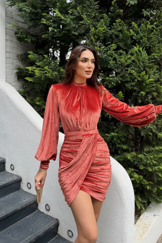 Vatkalı Drape Detay Dilge Mini Elbise 9302 NAR ÇİÇEĞİ