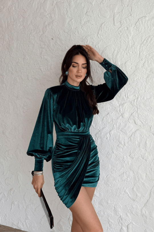 Vatkalı Drape Detay Dilge Mini Elbise 9302 ZÜMRÜT