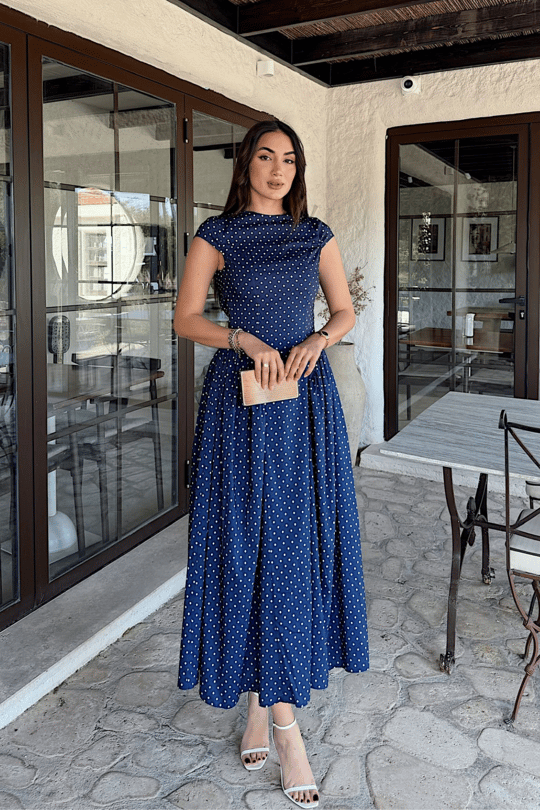 Deniz Puantiye Detay Midi Elbise 221830