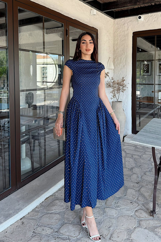 Deniz Puantiye Detay Midi Elbise 221830