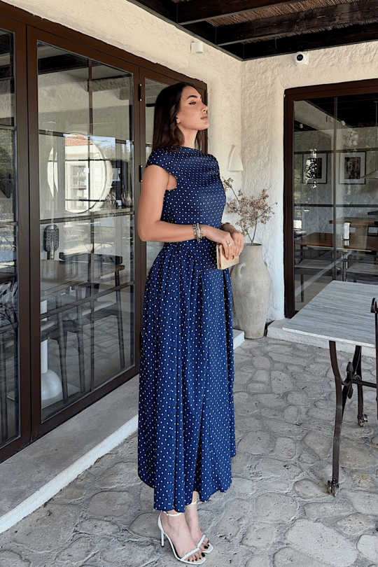 Deniz Puantiye Detay Midi Elbise 221830