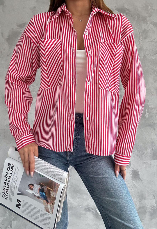 Zara Poplin Çizgili Gömlek 8030 KIRMIZI