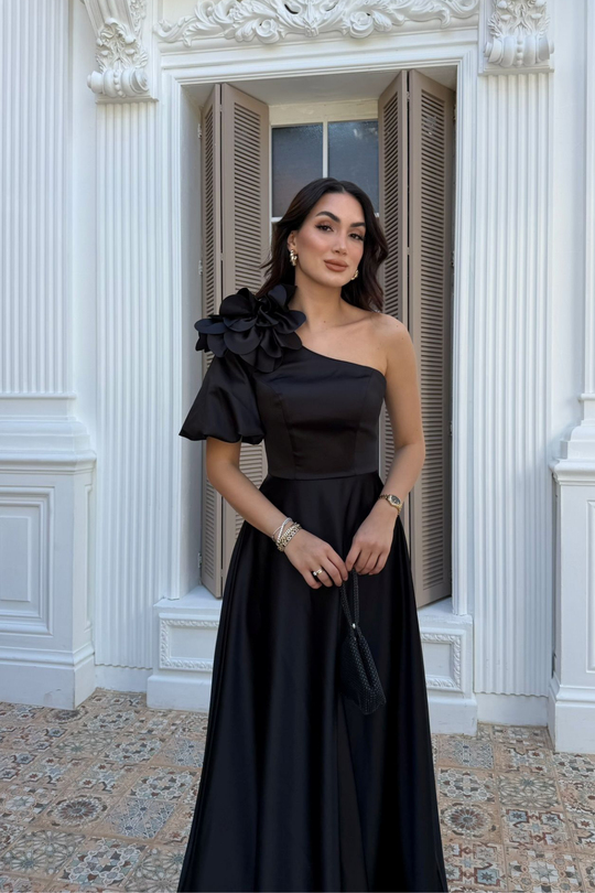Zena Tek Kol Çiçek Detay Saten Abiye 1136