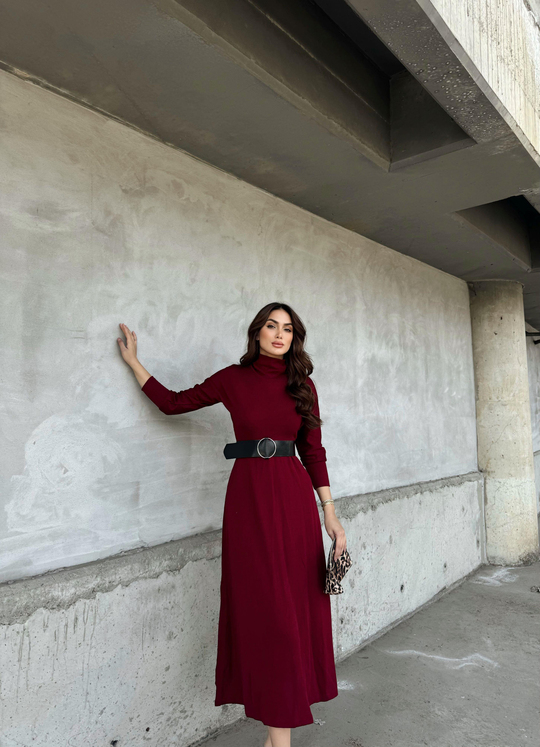 Akrilik Yarasa Kol Kemerli Midi Elbise 992 BORDO