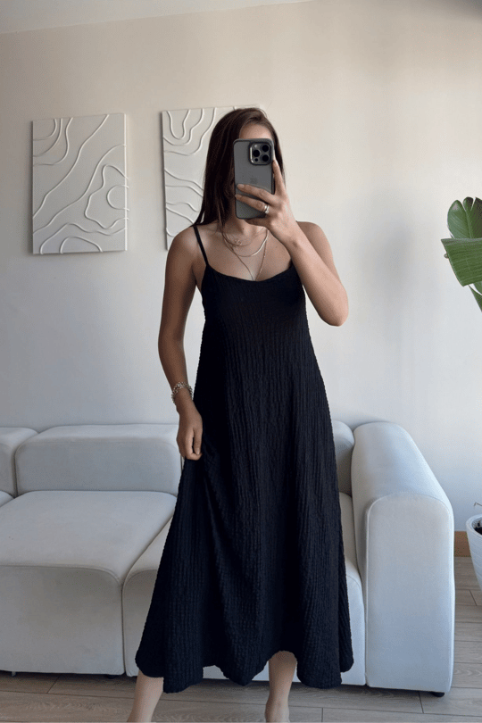 Anna İp Askılı Bubble Elbise 13828 SİYAH