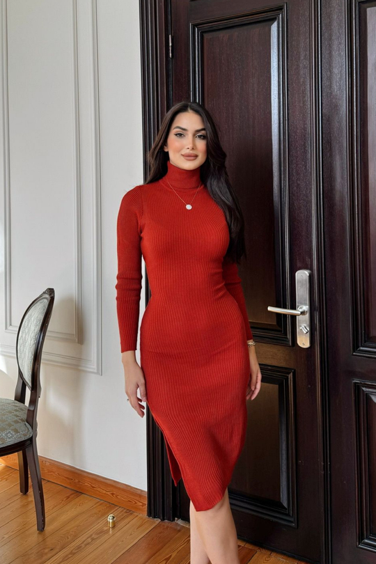 Azura Balıkçı Yaka Triko Elbise 077 KİREMİT