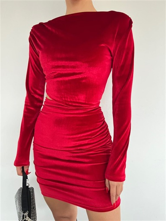 Bel Dekolte Kadife Mini Elbise 2932 BORDO