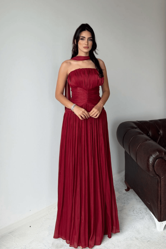Bel Detay Straplez Yırtmaçlı Saten Abiye 1212