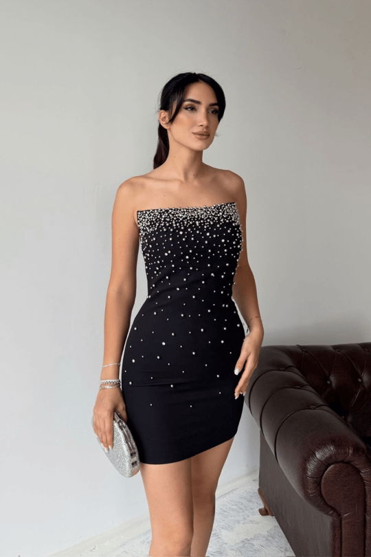 Boncuk İşleme Straplez Mini Elbise 6584