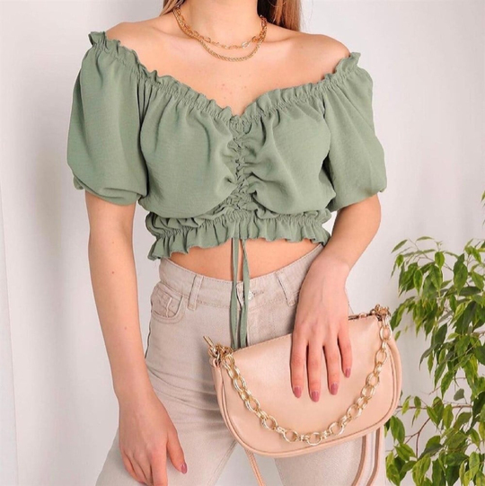 Büzgü Detay Lastikli Crop MİNT YEŞİLİ