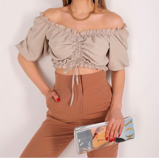 Büzgü Detay Lastikli Crop TAŞ