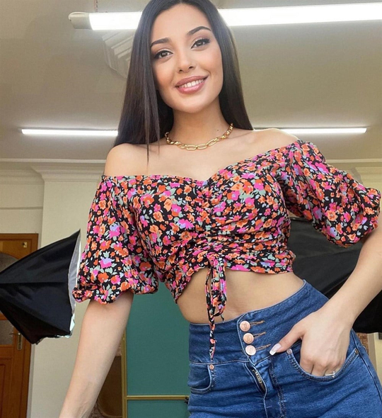 Çiçek Desen Büzgülü Crop KARIŞIK