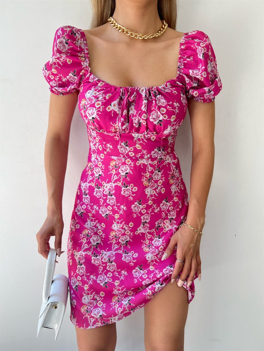 Çiçek Desenli Kısa Elbise 9493 PEMBE