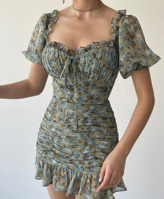 Çiçekli Drapeli Şifon Elbise 8010