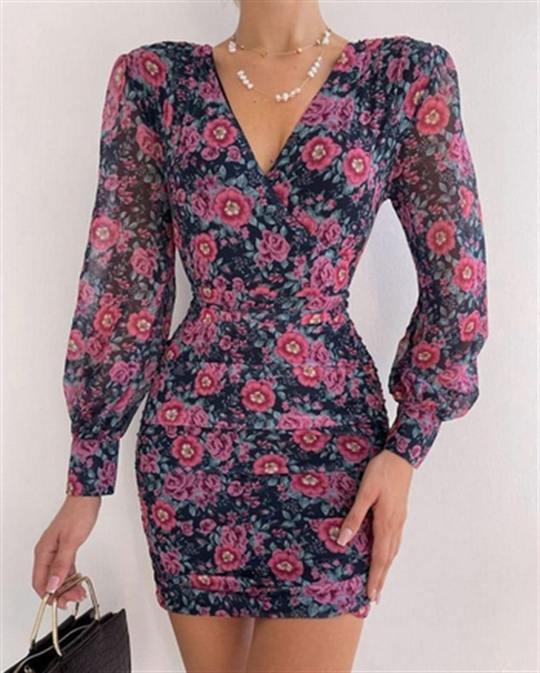 Çiçekli Tül Kol Elbise-3866