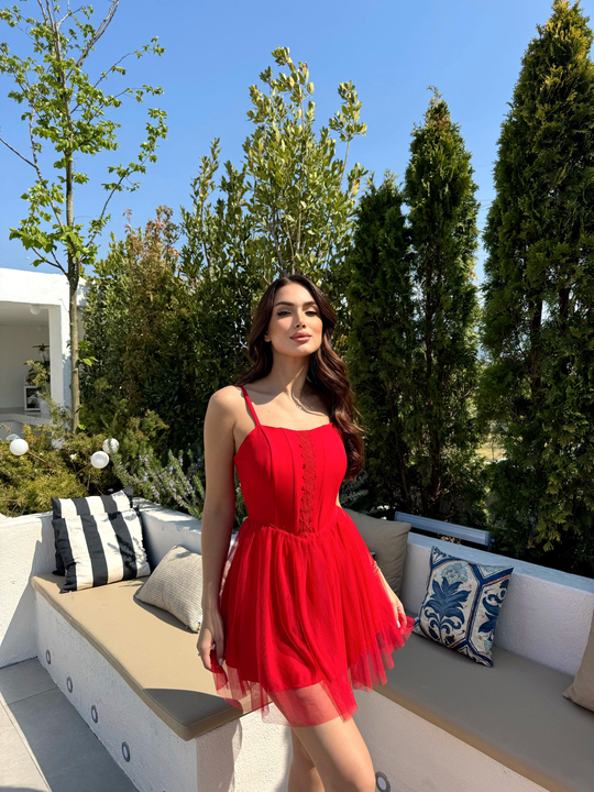 Cloe Tüllü Askılı Mini Elbise 13389 KIRMIZI